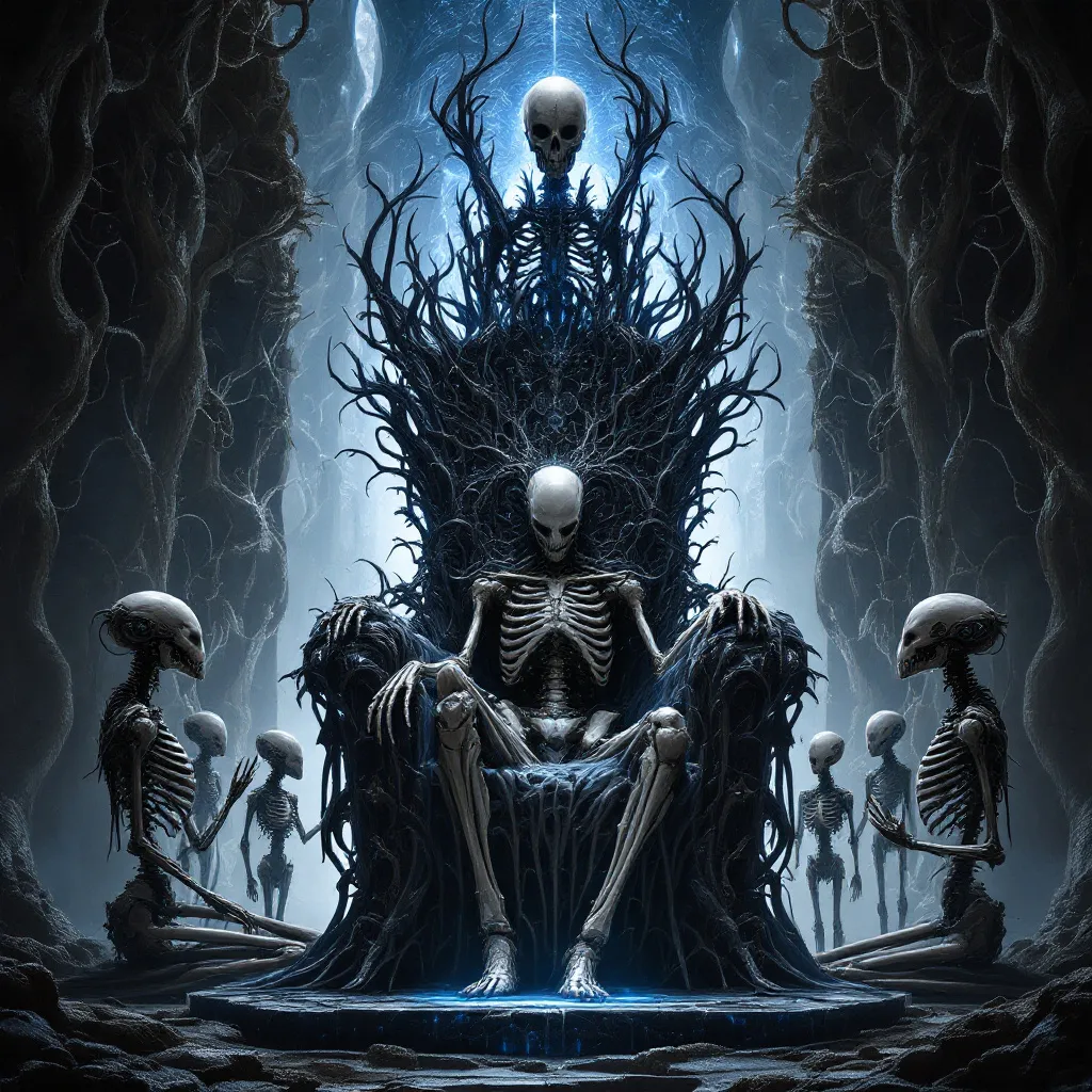 Prompt: In a surreal and hauntingly intricate scene, a skeletal figure dominates the center, seated on a throne that appears woven from organic materials and machinery, surrounded by four smaller, similarly skeletal companions. Each figure exhibits an eerie blend of humanoid form and mechanical elements, highlighted by elongated heads and sinuous features, emanating a sense of both majesty and menace. The environment is illuminated by an ethereal blue glow that contrasts sharply with the dark, twisted architecture that frames the backdrop, enhancing the otherworldly atmosphere. The composition draws the eye toward the central figure, emphasizing its importance, while the intricate details of the skeletal forms and flowing lines of the throne create a sense of elaborate complexity. Overall, the image conveys a mood of ominous power and an unsettling beauty, suggesting a narrative steeped in science fiction and existential themes.