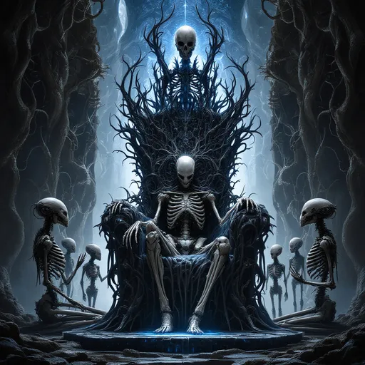 Prompt: In a surreal and hauntingly intricate scene, a skeletal figure dominates the center, seated on a throne that appears woven from organic materials and machinery, surrounded by four smaller, similarly skeletal companions. Each figure exhibits an eerie blend of humanoid form and mechanical elements, highlighted by elongated heads and sinuous features, emanating a sense of both majesty and menace. The environment is illuminated by an ethereal blue glow that contrasts sharply with the dark, twisted architecture that frames the backdrop, enhancing the otherworldly atmosphere. The composition draws the eye toward the central figure, emphasizing its importance, while the intricate details of the skeletal forms and flowing lines of the throne create a sense of elaborate complexity. Overall, the image conveys a mood of ominous power and an unsettling beauty, suggesting a narrative steeped in science fiction and existential themes.