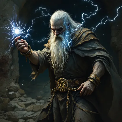 Prompt: arcane sigils burned into his rusted manacles normally would prevent the wizard from casting spells, but he, with sheer force of will, has tapped into the arcane magic of his captors power and uses the manacles to focus his spell energy at his captors with a crackle of lightening.  