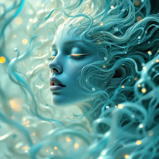 Prompt: Emanating an ethereal quality, a figure with intricate, flowing features emerges from a surreal background, blending seamlessly into wisps of translucent colors that swirl around her. Her face, reflective and serene, captures a sense of calm amidst the chaotic movement of the surrounding forms that resemble hair or liquid, evoking a feeling of fluidity and transformation. The scene is infused with a dreamlike ambiance, illuminated by soft, ambient lighting that highlights the delicate interplay of light and shadow on her sculpted visage. Hints of teal and silver compose a harmonious palette, creating a mystical atmosphere that suggests themes of identity and the transition between reality and imagination, as if this figure occupies a space beyond the physical realm. This captivating image encapsulates the essence of otherworldly beauty, inviting viewers to ponder the story woven into its mesmerizing hues and shapes.