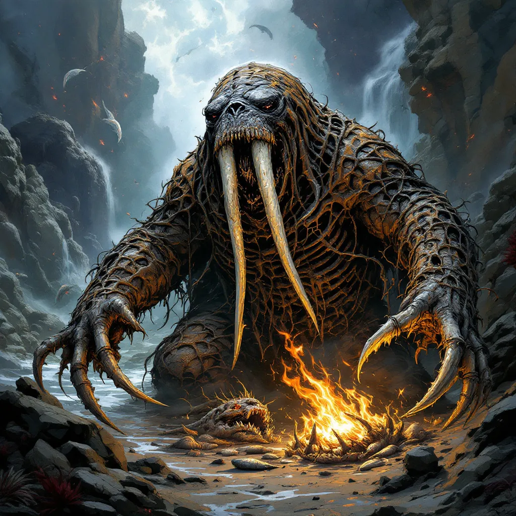 Prompt: dungeons and dragons style Anthropomorphic Walrus necromancer, summoning up the undead bones of dead fish and whales from the very sea