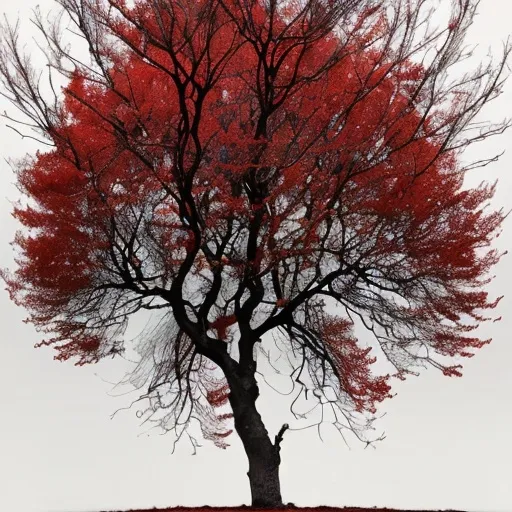 Prompt: Dark, gnarled branches stretch across a stark, predominantly white background, their silhouette set ablaze in vibrant red. The twists and turns of the trees create a sense of movement, as if they are swaying in a strong wind. The contrast between the fiery red hues and the muted white space above evokes an unsettling yet captivating atmosphere. This striking visual composition suggests a narrative of struggle or transformation, with the trees almost reaching out from the dark foreground into the bright expanse above, embodying both chaos and beauty in their entangled forms.