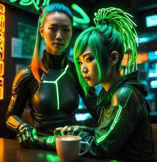 Prompt: Sci-fi Heroine, Japanese woman with green hair lit by inner woven green led's sparring cyberpunk style, with a biomimetic wired man in japanese coffee shop, highly detailed, HD, dark background lit by neon argon and glowing orange lights