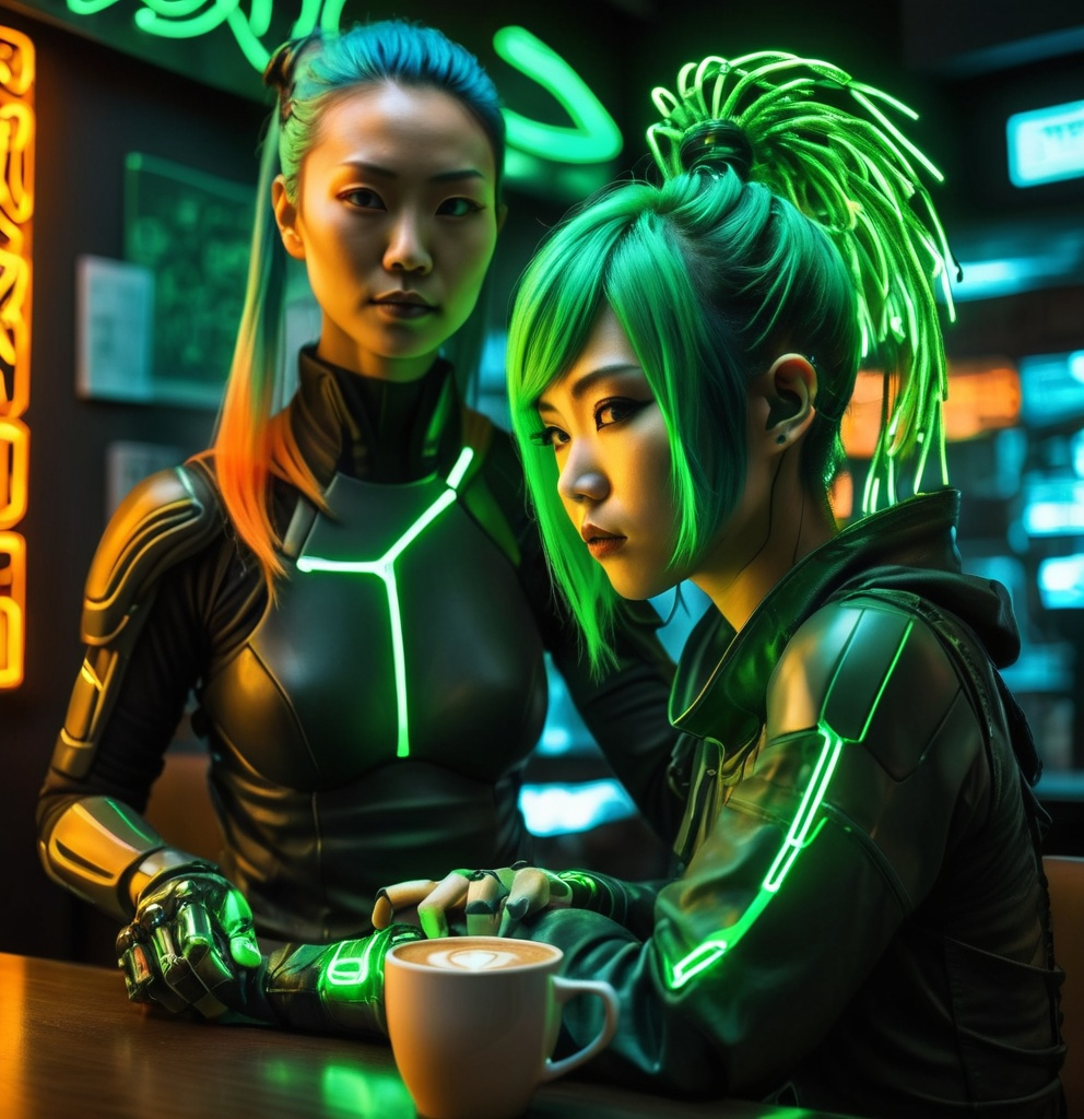 Prompt: Sci-fi Heroine, Japanese woman with green hair lit by inner woven green led's sparring cyberpunk style, with a biomimetic wired man in japanese coffee shop, highly detailed, HD, dark background lit by neon argon and glowing orange lights