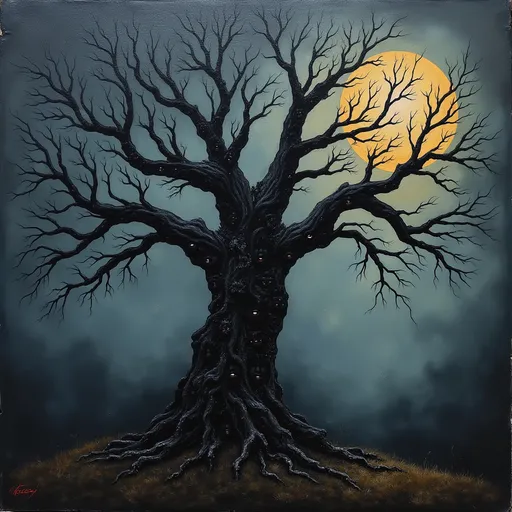 Prompt: hand painted thick oils on cracked old broken canvas, a tree... not any tree... but an old massive broken and bent tree... black against a smokey background... and from the depths of this tree are faces... a thousand faces... screaming to be let out... as this tree sits in the dark moonlit night. 