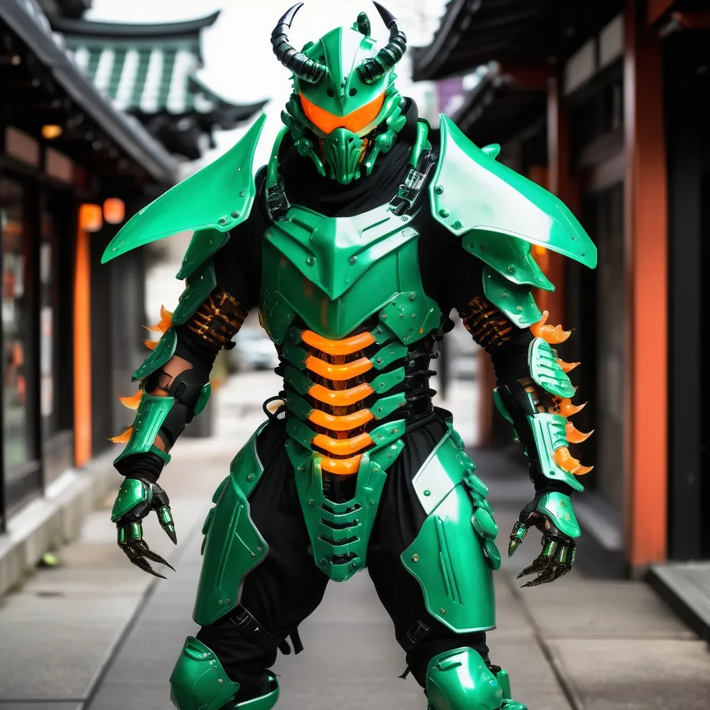 Prompt: lithe cybernetic full slim body power armor suit and mask in the style of a japanese samurai scorpion hero.  colored in jade green, crystal green, blacks and glowing oranges, with stinger blade arms and glowing cybernetic scorpion stinger on the back.