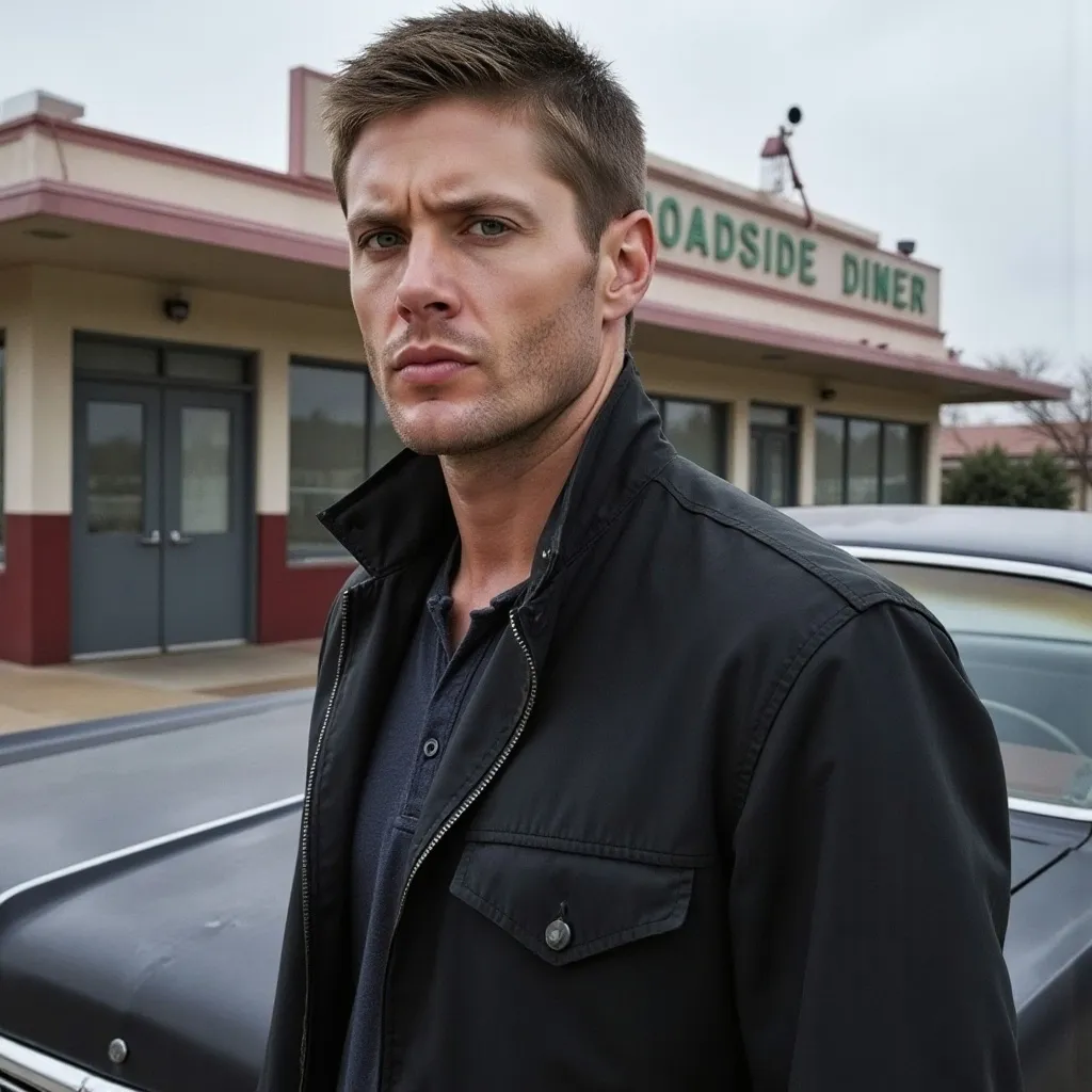 Prompt: Dean Winchester, Wayward Son, standing in front of a 1964 Black 4 Door Chevy Impala by a roadside diner in texas. 