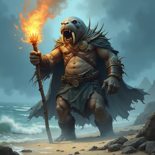 Prompt: dungeons and dragons style hero - Anthropomorphic Walrus necromancer wizard, summoning up the undead bones of dead fish and whales from the very sea to attack soldiers on the beach