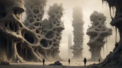 Prompt: In a surreal, dystopian landscape, towering structures resembling organic, skeletal forms rise from a barren ground marked by deep shadows and muted tones. These grotesque edifices, with their intricate web-like designs and dripping textures, create a haunting atmosphere, as if nature and architecture have merged into a nightmarish vision. Silhouetted figures roam the desolate space, their postures conveying a sense of wonder and trepidation as they navigate this eerie environment. The overall scene is shrouded in a diffuse, pale light, suggesting an otherworldly time and place, evoking feelings of isolation and the uncanny. This composition, with its blend of architectural fantasy and biological elements, powerfully portrays a narrative of exploration in a world caught between decay and the unknown.