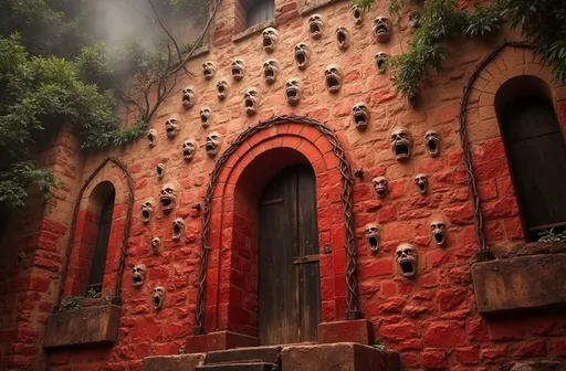 Prompt: demonic circle doorways made of thorn and bramble with the screaming tortured faces of captured souls rising from the stone of hell itself.  