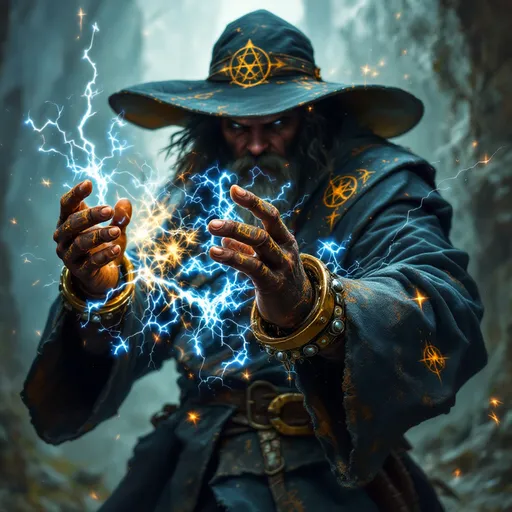 Prompt: arcane sigils burned into his rusted manacles normally would prevent the wizard from casting spells, but he, with sheer force of will, has tapped into the arcane magic of his captors power and uses the manacles to focus his spell energy at his captors with a crackle of lightening.  