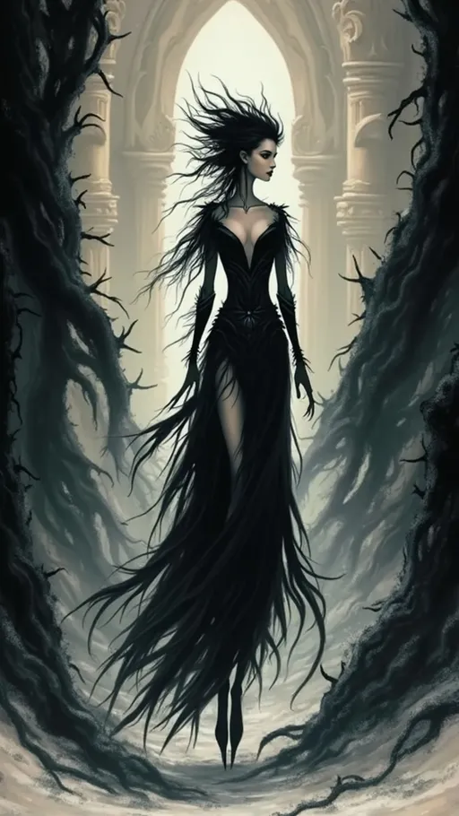 Prompt: Emerging from the shadows of an ancient, mystical arched ruin buried in dust and thorns, a striking figure stands poised and enigmatic, exuding an aura of haunting beauty. Clad in an elaborate, dark gown that flows like liquid shadows, her silhouette contrasts sharply against the ethereal light filtering through a dilapidated archway in the background, hinting at a once-majestic structure now overrun by nature. Her wild, windswept hair frames a delicate yet fierce face, accentuated by sharp features and a subtly defiant expression, as if she is both guardian and outcast of this forgotten realm. The scene is imbued with a whimsical yet somber tone, characterized by muted colors and a blend of intricate details that evoke a fantasy story rich with mystery and emotion. The interplay of light and dark, along with the intricate textures of her clothing and the surrounding environment, draws the viewer deeper into this surreal narrative.
