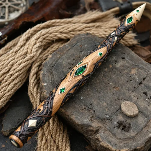 Prompt: hand carved wooden wand in the motif of coiled vine and thorn - alder wood stained with dark stain and highlighted with inlaid green leaf carved gems - 14 inches long with a handle of wrapped leather and ivory