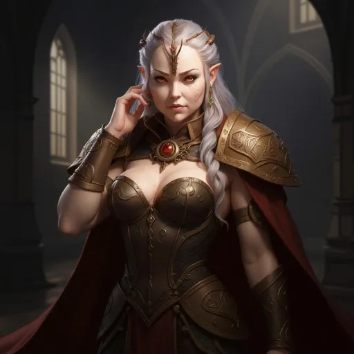 Prompt: Radiating a sense of power and elegance, a striking figure stands in a dimly lit space adorned with intricate architecture, where light filters through tall, arched windows. The character, a woman with cascading silver-blue hair and an intense gaze, exudes confidence through her poised posture, one hand delicately raising to her face. Clad in an intricately designed garment featuring gold embellishments and a deep neckline, she is complemented by a flowing red sash that enhances her regal presence. The atmospheric lighting accentuates her features, casting soft shadows that evoke a mood of intrigue and strength, suggesting a narrative steeped in fantasy or myth. The overall composition draws the viewer in, blending rich colors and detailed artistry to create a captivating visual experience.