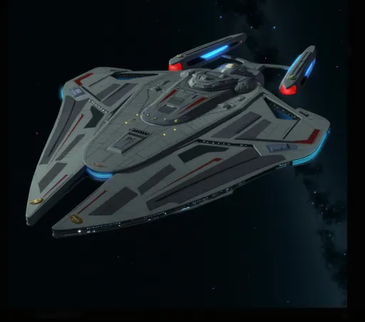 Prompt: A Federation Star Fleet vessel Gliding through the depths of space, the sleek starship showcases a futuristic design characterized by its elongated, angular body and distinctive dual nacelles glowing with vibrant blue and red lights. The surface, detailed with panels and ridges, reflects ambient cosmic light, emphasizing its metallic sheen while also hinting at advanced technology within. Positioned against a backdrop of twinkling stars and a dark void, the vessel evokes a sense of exploration and adventure, suggesting its readiness to navigate the vast unknowns of the universe. The overall composition combines elegance and power, embodying the spirit of interstellar travel and discovery.