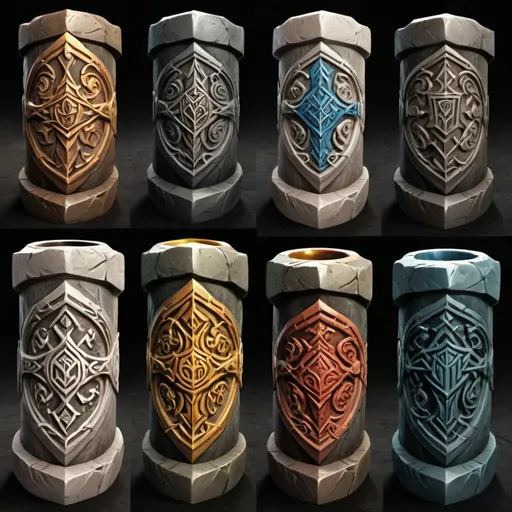 Prompt: Dwarven Stone Carved Heraldry for the differing Dwarven Noble Clans.  A ring of Stone Pillars, seven in all, each with a different stone carved sigil of heraldry.