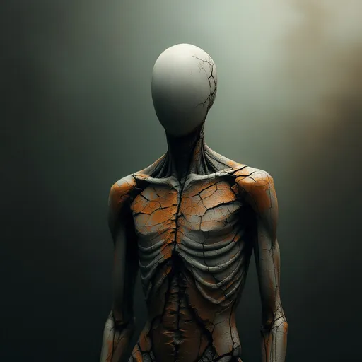 Prompt: A haunting figure stands centrally in this striking artwork, embodying an abstract blend of human anatomy and decay. The humanoid form, with its skeletal outline and fragmented skin tones of rusty orange and muted gray, conveys a sense of vulnerability and impermanence. The smooth, bald head and the absence of facial features contribute to an eerie, almost lifeless quality, while intricate cracks and textures suggest an unsettling transformation or deterioration. This figure is set against an ambient backdrop of soft, blurred colors that transition from dark to light, creating an atmospheric mood that evokes feelings of isolation and introspection. The overall composition combines elements of realism and surrealism, challenging viewers to reflect on themes of existence and the fragility of the human condition.