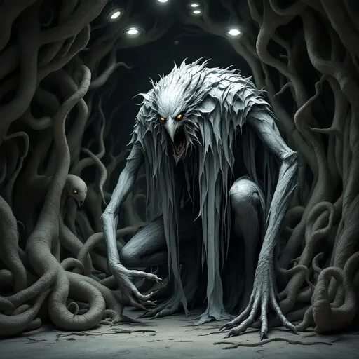 Prompt: Emerging from a surreal and stylized setting, a foreboding, humanoid figure crouches menacingly amidst intricate, twisted forms that suggest a world teeming with dark fantasy. The creature, crafted in shades of gray, boasts elongated limbs and a grotesque, avian-like head, with piercing yellow eyes that enhance its eerie presence. Draped in tattered layers of fabric that seem to blend seamlessly with its form, it exudes an ominous energy, poised as if ready to spring into action. The environment, subtly lit by overhead fixtures, features additional abstract creatures that echo the ominous style of the central figure, creating a sense of depth and otherworldliness. This sculptural piece captures a narrative steeped in mystery and foreboding, engaging the viewer with its striking design and the palpable tension of an impending encounter.