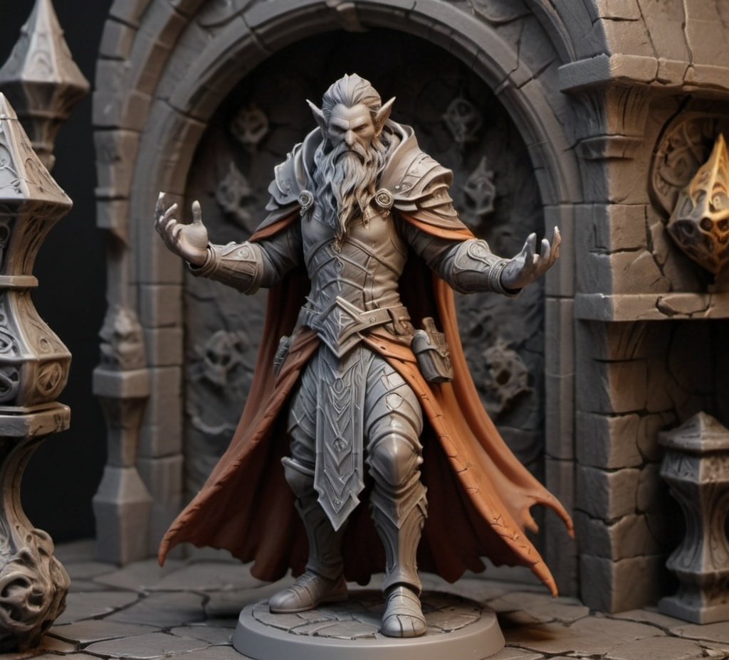 Prompt: 3D Printable Resin Miniature, detailed gaming character, dynamic pose, intricate features, solid gray resin, fantasy theme, ultra-detailed design, perfect for tabletop games, emphasizing textures and detailing, stylish contours, high-quality rendering, immersive atmosphere, captivating representation of gaming lore, suitable for advanced printing techniques.