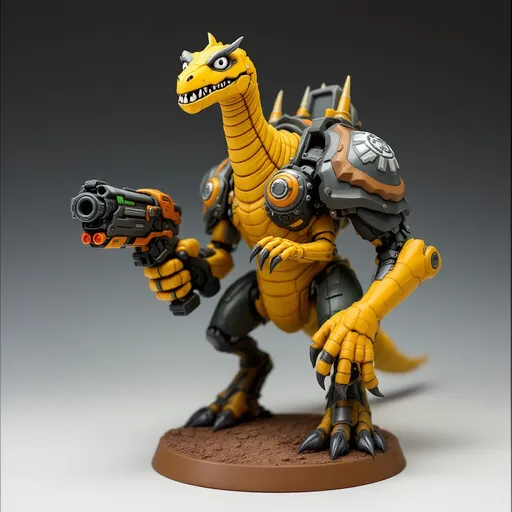 Prompt: Perched dynamically on a textured brown base, a formidable, yellow-hued dinosaur-like creature stands out, showcasing a blend of organic and mechanical elements. It features a slender neck topped with an expressive head, where wide, white eyes peer with an intriguing mix of intelligence and curiosity. Encasing its shoulders is a futuristic armor adorned with intricate designs, while it grips a bulky weapon that augments its fierce appearance. The contrasting colors of matte and glossy paint bring depth to the figure, capturing attention with its vibrant accents, like hints of orange and green on the weapon. This impressive miniature evokes a sense of action and storytelling, suggesting a narrative steeped in a sci-fi universe where technology meets primal instincts.