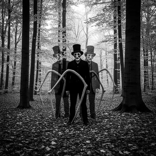 Prompt: In a haunting forest scene imbued with an eerie atmosphere, an otherworldy figure with oversized oddly bend limbs stands prominently amidst the carpet of fallen leaves, just behind him over his left shoulder is a translucent echo image of the same creature. 
 The pair are surrounded by tall trees that filter the soft light. The individual, partially obscured by the blurred effect seems to drink in the shadows to hover around their forms, they wear a dark tall and oddly bent hat and a mask resembling that of a vaudevillian player, which adds a surreal and unsettling quality to the image. The black-and-white treatment enhances the sense of mystery and detachment, amplifying the shadows and highlights within the foliage. The composition cleverly employs overlapping layers, creating a ghostly effect as if multiple moments are frozen in time, inviting viewers to ponder the narrative between presence and absence. This striking visual evokes a mood of intrigue and unease, suggesting an exploration of themes such as identity and isolation within nature.