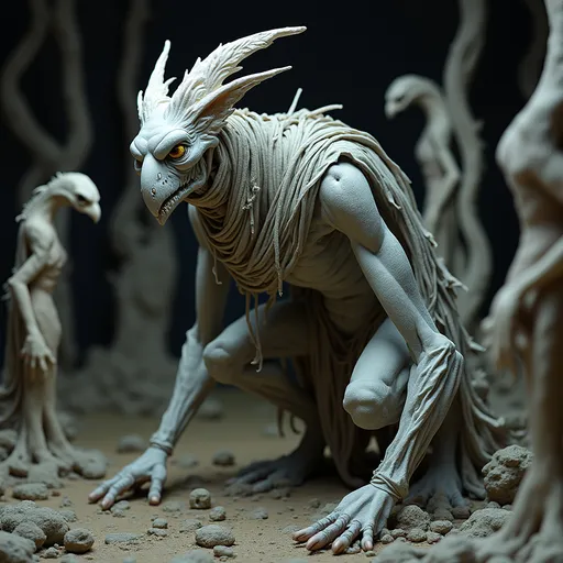 Prompt: Emerging from a surreal and stylized setting, a foreboding, humanoid figure crouches menacingly amidst intricate, twisted forms that suggest a world teeming with dark fantasy. The creature, crafted in shades of gray, boasts elongated limbs and a grotesque, avian-like head, with piercing yellow eyes that enhance its eerie presence. Draped in tattered layers of fabric that seem to blend seamlessly with its form, it exudes an ominous energy, poised as if ready to spring into action. The environment, subtly lit by overhead fixtures, features additional abstract creatures that echo the ominous style of the central figure, creating a sense of depth and otherworldliness. This sculptural piece captures a narrative steeped in mystery and foreboding, engaging the viewer with its striking design and the palpable tension of an impending encounter.