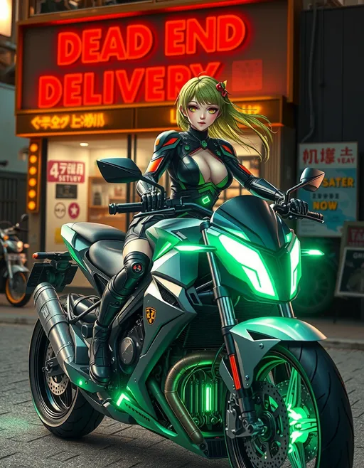 Prompt: Japanese superhero on futuristic motorcycle - she has green hair lit by inner woven LED lights, and a cybernetic arm.  Her bike glows green.  Behind her is a cybernetic store front, labeled "Dead End Delivery"