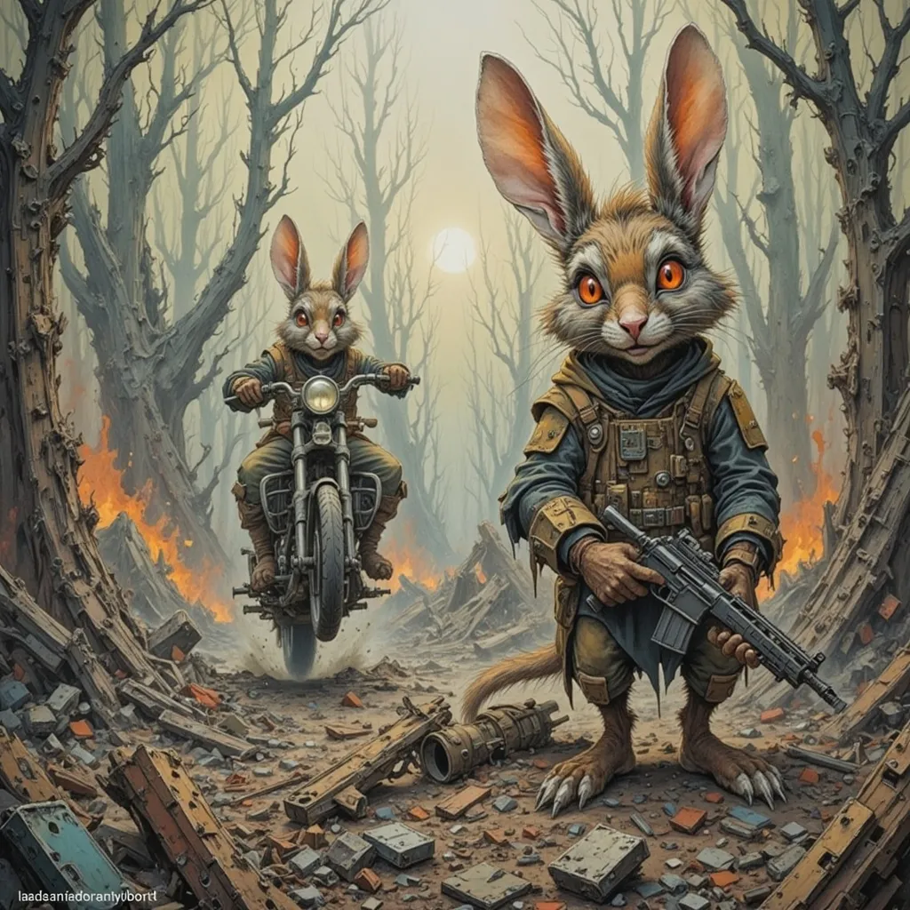 Prompt: rabbit sniper hides in the rubble ready to ambush a distant patrol of motorbike riding foxes