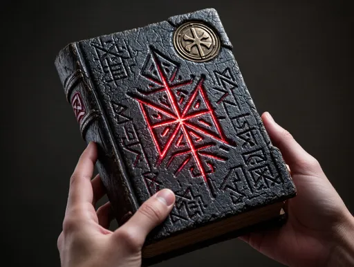 Prompt: A textured, ancient-looking tome, this artifact features a dark, jagged exterior, resembling worn stone or aged leather. Its surface is adorned with intricate, cryptic symbols and patterns, some of which are highlighted by a deep red hue peeking through the crevices, giving it an eerie glow. At the upper right corner, a metallic circular emblem adds an air of mystery, reflecting light with a bronze sheen. The hand holding the book reveals a sense of intimacy with the object, conveying the impression that it carries a significant or hidden meaning, perhaps inviting exploration into its secrets. The dim lighting amplifies the mood of intrigue surrounding this enigmatic piece.