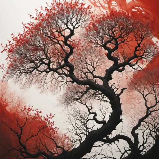 Prompt: Dark, gnarled branches stretch across a stark, predominantly white background, their silhouette set ablaze in vibrant red. The twists and turns of the trees create a sense of movement, as if they are swaying in a strong wind. The contrast between the fiery red hues and the muted white space above evokes an unsettling yet captivating atmosphere. This striking visual composition suggests a narrative of struggle or transformation, with the trees almost reaching out from the dark foreground into the bright expanse above, embodying both chaos and beauty in their entangled forms.
