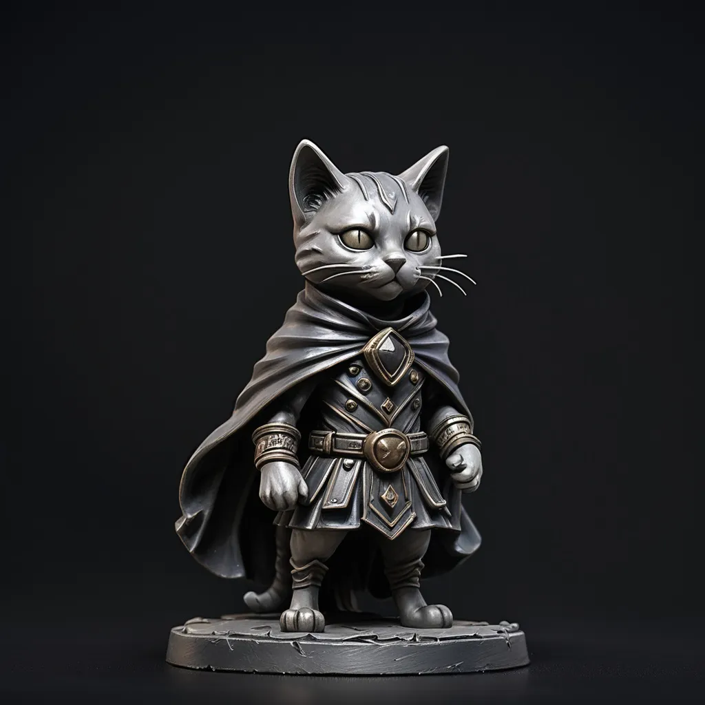 Prompt: a statue of a cat wearing a cape and a cape on its head, with a black background,, Altichiero, sots art, gloomhaven, a character portrait