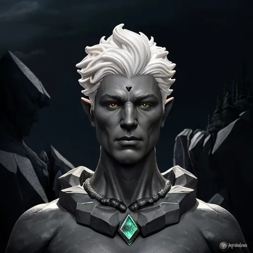 Prompt: hyper-realistic earth elemental male character with skin made of cloudy black onyx stone cut gem and white cut diamond hair, carved stone like a statue, fantasy warrior character art, illustration, dnd, warm tone, firelight in an roadside inn and tavern