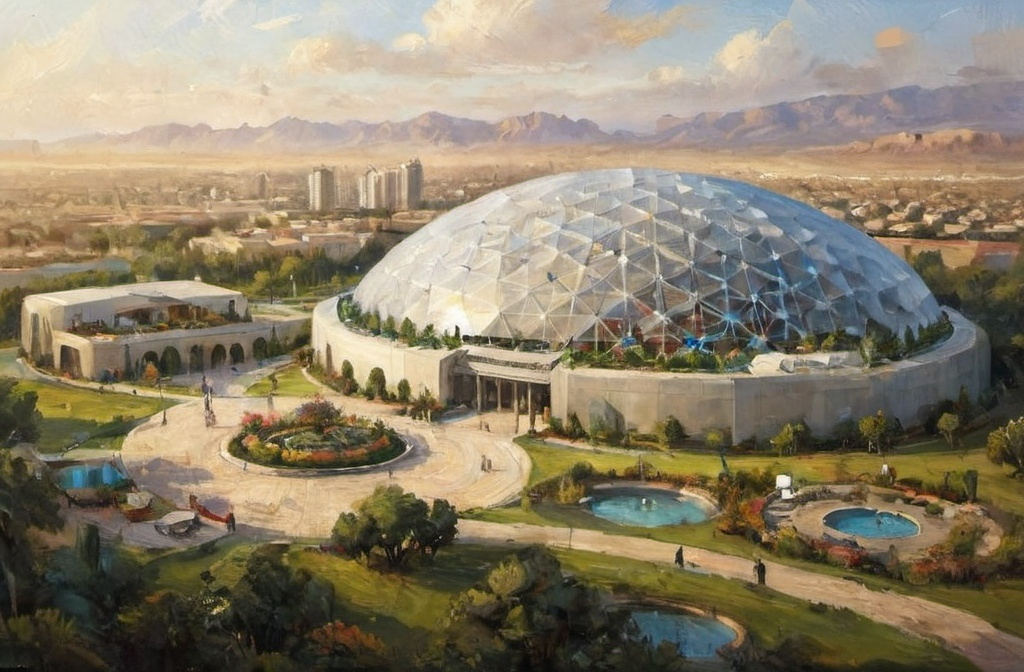 Prompt: Design a mile wide geodesic dome larger than the Jeddah Superdome, designed to house an interior atmosphere and gardens/town to house 300 people.  