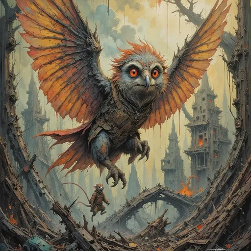 Prompt: The great owl (pilot) soars over the bramble ruin