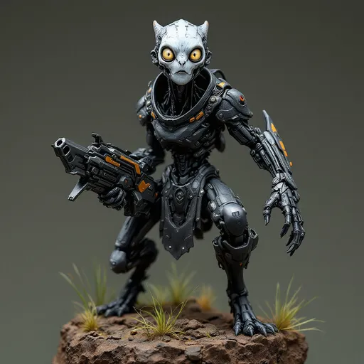 Prompt: Perched dynamically on a textured brown rocky base with tufts of painted grass, a formidable, black color-hued mechanical and flesh cyborg alien-like creature stands out, showcasing a blend of organic and mechanical elements. It features a slender neck topped with an expressive head, where wide, white eyes peer with an intriguing mix of intelligence and curiosity. Encasing its shoulders is a futuristic armor adorned with intricate designs, while it grips a bulky weapon that augments its fierce appearance. The contrasting colors of matte and glossy paint bring depth to the figure, capturing attention with its vibrant accents, like hints of orange and green on the weapon. This impressive miniature evokes a sense of action and storytelling, suggesting a narrative steeped in a sci-fi universe where technology meets primal instincts.