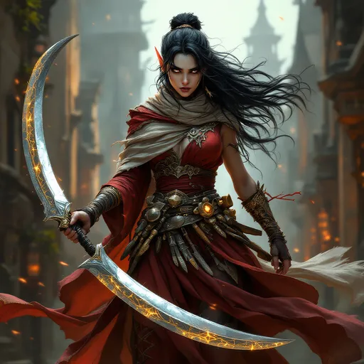 Prompt: A fierce elven woman warrior skin pale as moonlight, and hair black as night stands poised, exuding confidence and strength as she brandishes a curved sword, its blade reflecting the light. Dressed in a richly adorned outfit that mixes deep reds and earthy tones in layers and layers of sleek silks, she wears an intricately designed belt laden with various tools and weapons, enhancing her commanding presence. Her flowing garments billow dramatically, suggesting movement and the ability to conceal more weapons, while a light scarf drapes over her shoulders, adding an air of mystery. Adorned with golden jewelry and vibrant jewelry, her fierce expression conveys determination and charisma, hinting at an adventurous spirit and a story brimming with intrigue. The overall composition is striking and dynamic, inviting curiosity about her journey and the challenges she faces.  her left foot is placed on a balcony ready to leap out into the warm glowing city, off on some adventure