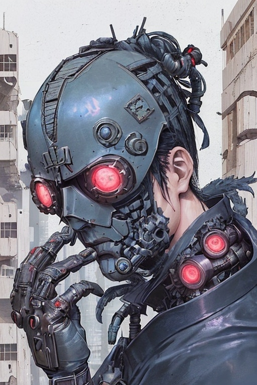 Prompt: post apocalyptic cyberpunk male japanese cyborg soldier in pristine  body armor and futuristic battle helmet.