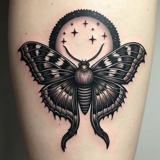 Prompt: intricate tattoo design of a lunar moth with the stars and moon in glowing inks