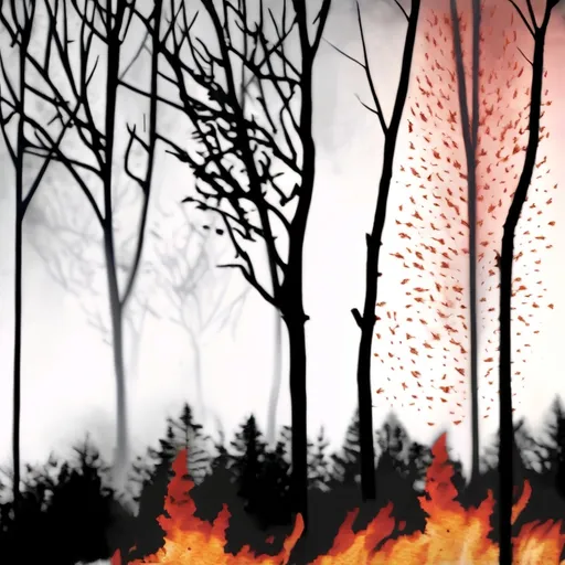 Prompt: Design a Book Cover for the 3 Act Play where we read the title as "Burned and Fallen"  with cover art - Showing burning swaths of forest trees and smoke with the letters of the cover title formed of wreathed flame.  