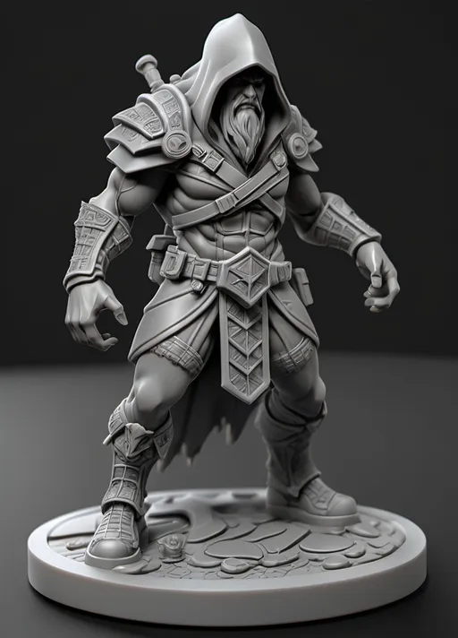 Prompt: (3D Printable Resin Miniature), detailed gaming character, dynamic pose, intricate features, gray resin, fantasy theme, ultra-detailed design, perfect for tabletop games, emphasizing textures and detailing, stylish contours, high-quality rendering, immersive atmosphere, captivating representation of gaming lore, suitable for advanced printing techniques.