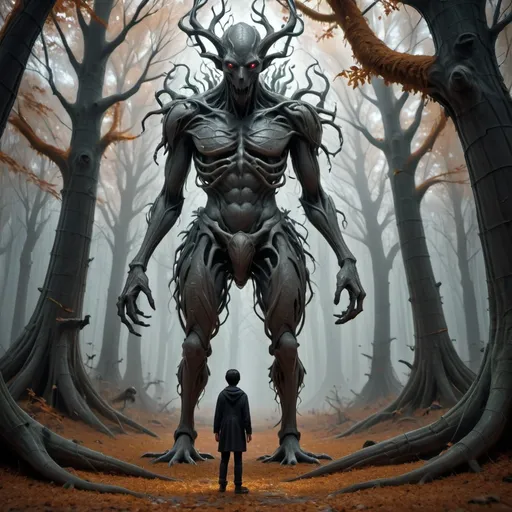 Prompt: In a haunting forest scene imbued with an eerie atmosphere, an otherworldy figure with oversized oddly bend limbs stands prominently amidst the carpet of fallen leaves, just behind him over his left shoulder is a translucent echo image of the same creature. 
 The pair are surrounded by tall trees that filter the soft light. The individual, partially obscured by the blurred effect seems to drink in the shadows to hover around their forms, they wear a dark tall and oddly bent hat and a mask resembling that of a vaudevillian player, which adds a surreal and unsettling quality to the image. The black-and-white treatment enhances the sense of mystery and detachment, amplifying the shadows and highlights within the foliage. The composition cleverly employs overlapping layers, creating a ghostly effect as if multiple moments are frozen in time, inviting viewers to ponder the narrative between presence and absence. This striking visual evokes a mood of intrigue and unease, suggesting an exploration of themes such as identity and isolation within nature.