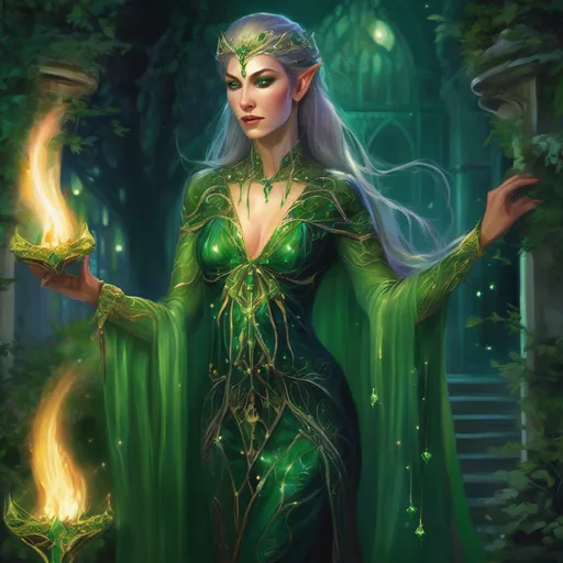 Prompt: elven courtesan of the night court, jeweled in greens and elegant silks, lit only by moonlight and flame torches in the palace gardens.  