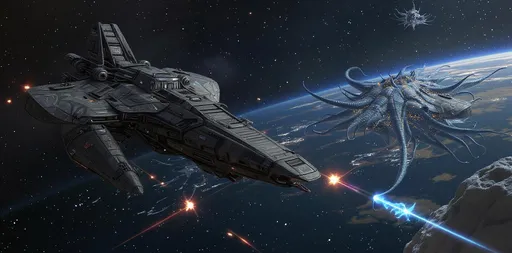 Prompt: Show these two fleets locked in space combat with each other