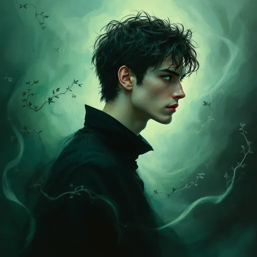 Prompt: Bathed in ethereal shades of green and blue, a young man stands in profile, his sharp features illuminated by a gentle light that highlights his piercing gaze and tousled hair. Draped in a high-collared black garment, he exudes an air of mystery and intensity, the fabric contrasting starkly with the swirling, abstract background that suggests movement and energy. Wisps of leafy tendrils seem to intertwine with the shadows around him, creating a sense of connection to nature and magic, while the overall composition draws the viewer's attention directly to his contemplative expression. The painting combines both realism and an impressionistic style, evoking a mood that is both haunting and captivating, inviting exploration into the narrative behind his gaze.