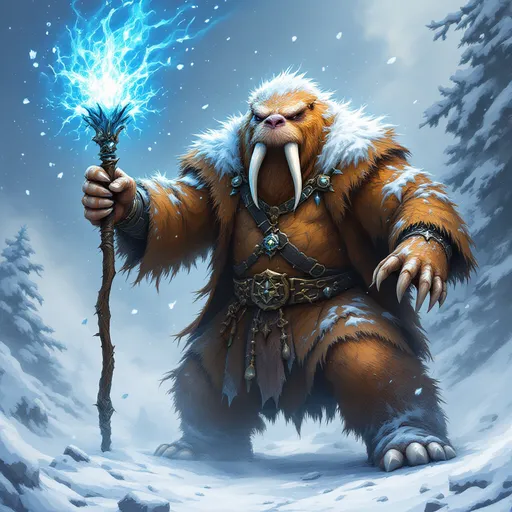Prompt: dungeons and dragons style Anthropomorphic Walrus wizard, calling up the ice and snow in elemental magic against his foes

