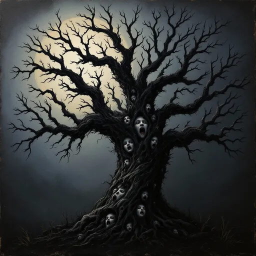 Prompt: hand painted thick oils on cracked old broken canvas, a tree... not any tree... but an old massive broken and bent tree... black against a smokey background... and from the depths of this tree are faces... a thousand faces... screaming to be let out... as this tree sits in the dark moonlit night. 