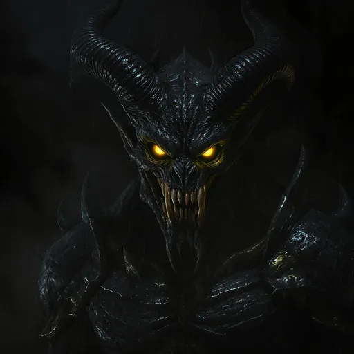 Prompt: Emerging from the darkness, a strikingly detailed figure embodies a mythical demon, characterized by its imposing horns that curve sharply upwards, surrounded by textured, rugged skin reminiscent of tree bark. The fierce countenance, with deep-set eyes and a furrowed brow, expresses an intense, almost primal energy, accented by the vivid red tones that contrast sharply against the dark background. This creature's chest is intricately designed with layers of hardened, steel-like material, adding to its menacing presence. The lighting emphasizes the rough textures and contours of its face and body, creating a dramatic interplay of shadow and light that enhances its terrifying yet fascinating nature. The overall composition evokes a sense of awe and unease, inviting viewers to ponder the stories and myths surrounding such a formidable being.  Overall what stands out the most is the glow of its yellow poison eyes... and how they glare at the viewer.  
