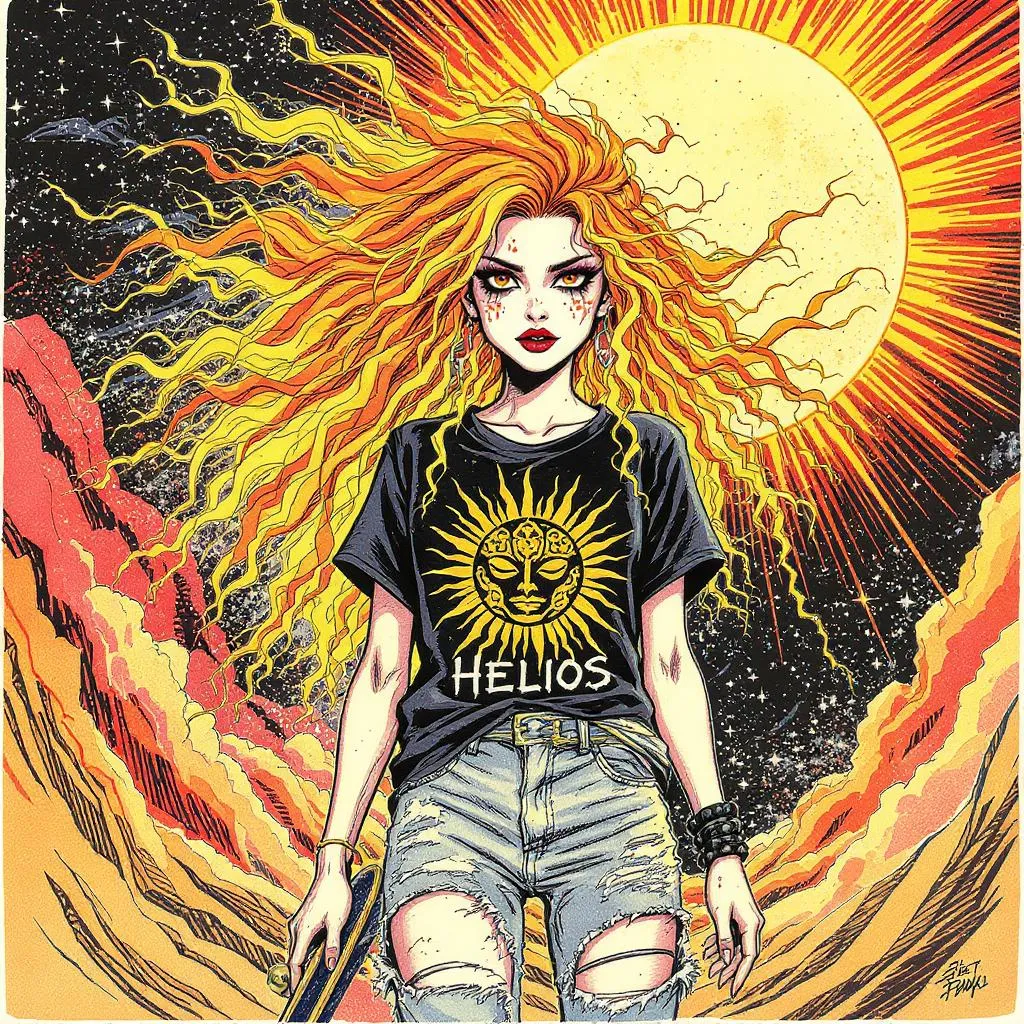 Prompt: hand drawn comic book style of a modern day funk/goth teen girl with a skateboard, who is truly the daughter of the Greek god Helios, her hair is brilliant orange/yellow and flows like rivulets of living flame about her head in wild tangles.  Her skin shines like alabaster and her eyes are dark like sun spots.  She wears torn jeans, and a band t-shirt featuring a stylized sun symbol similar to her fathers.   