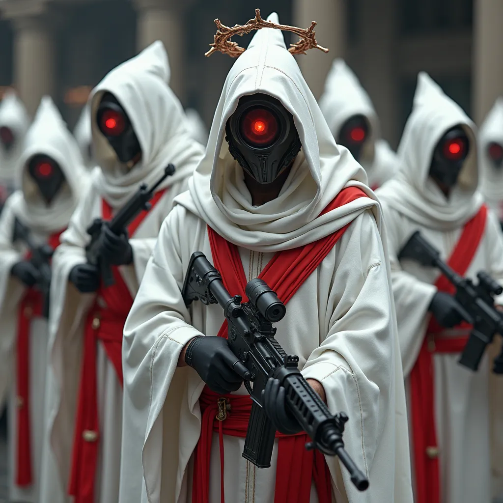 Prompt: Cyberpunk KKK soldiers with high caliber weapons in white and red robes and hoods with techno gadget eye helmets like white angels and halo with the thorn motif woven around the head like a crown. 
