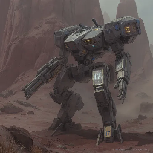 Prompt: Towering against a rugged alien landscape, a heavily armored mech stands poised on uneven ground, its metallic surface gleaming under an unseen light source. With a design that blends industrial mechanics and futuristic aesthetics, the mech is detailed with angular panels, blue accents, and the number "17" emblazoned prominently, suggesting military significance. Its broad shoulders house various weaponry, while the sturdy legs brace it against the barren terrain dotted with jagged rock formations and sparse greenery. The overall atmosphere evokes a sense of rugged resilience, hinting at a story of exploration or conflict in a distant world.